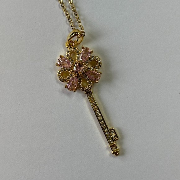 Gold 2 ct Zircon and Rose Quartz Pendant Necklace - Picture 9 of 17